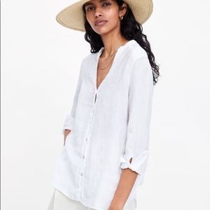 “Zara” White Linen Button Down Top